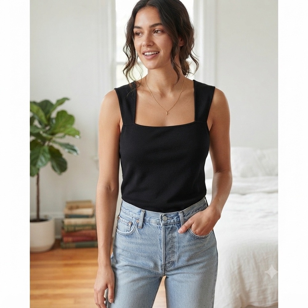 Wms 90s Vintage Knit Tank Top L Black Square Neck Stretchy Minimalist Joseph A.